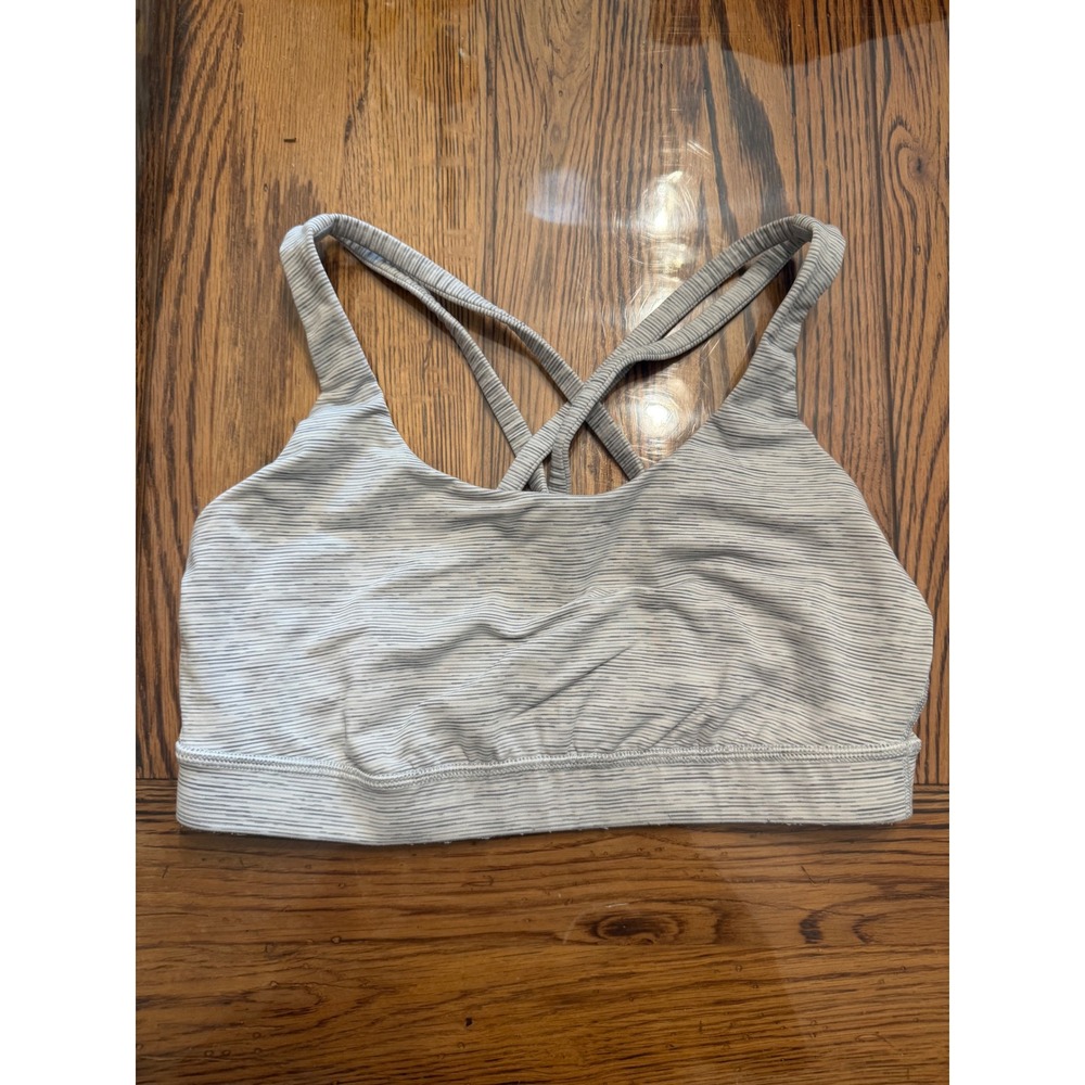 Lululemon Energy Bra Women Size 8 Grey Space Dye Striped Strappy Sport Bra
